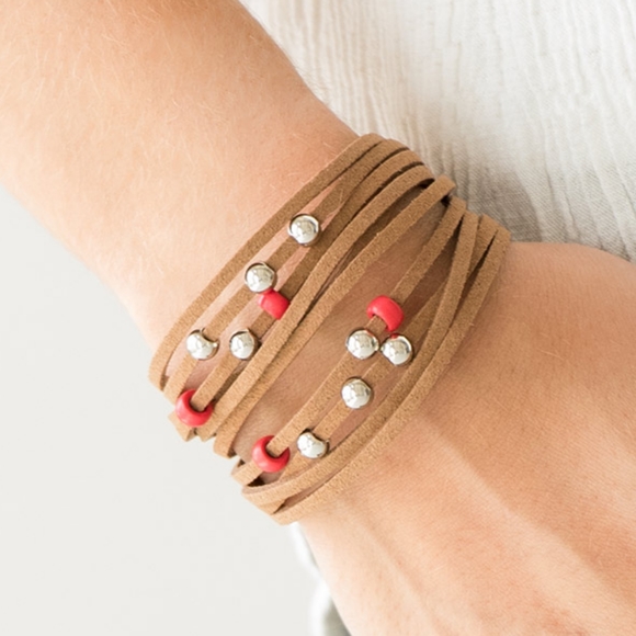 "Colorfully Coachella"Red & Silver Beaded Bracelet - Picture 1 of 2